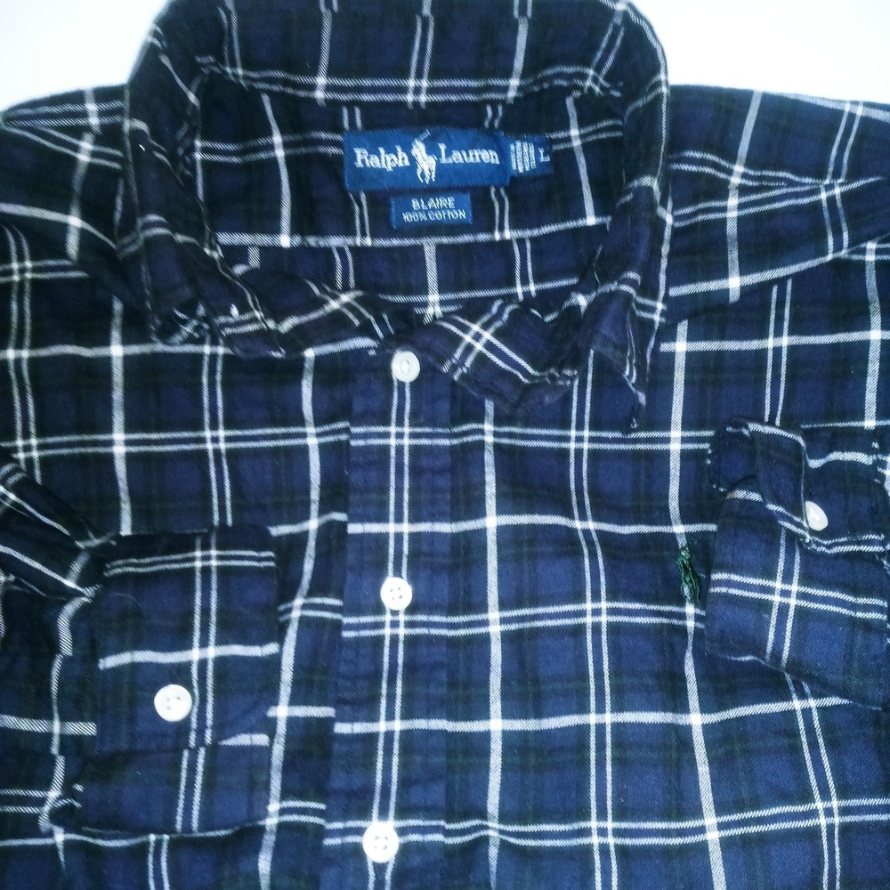 RALPH LAUREN Sz L  Blaire Dark Navy Plaid Flannel Button Down Shirt Cotton Mens
